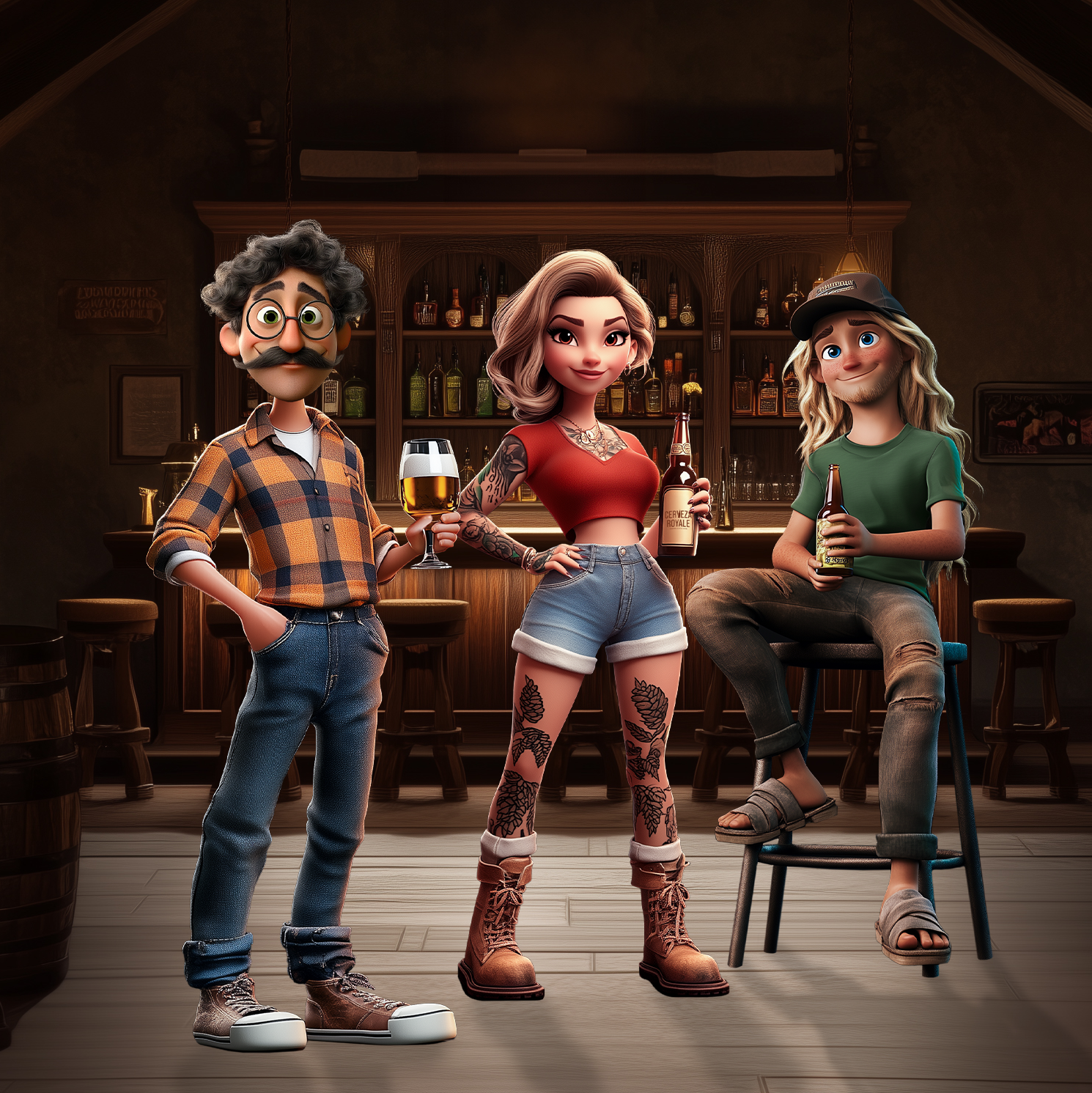Ron van Noord — Visual design, Grafisch ontwerp, DTP, Visual design — Vino & Cerveza Royale — Beeld: Drie bierkarakters voor een cafébar, met een bierglas en bierflessen. Character design en AI prompting door Tess van Groeningen. — Project: Een spel vol smaak, spanning en karakter.