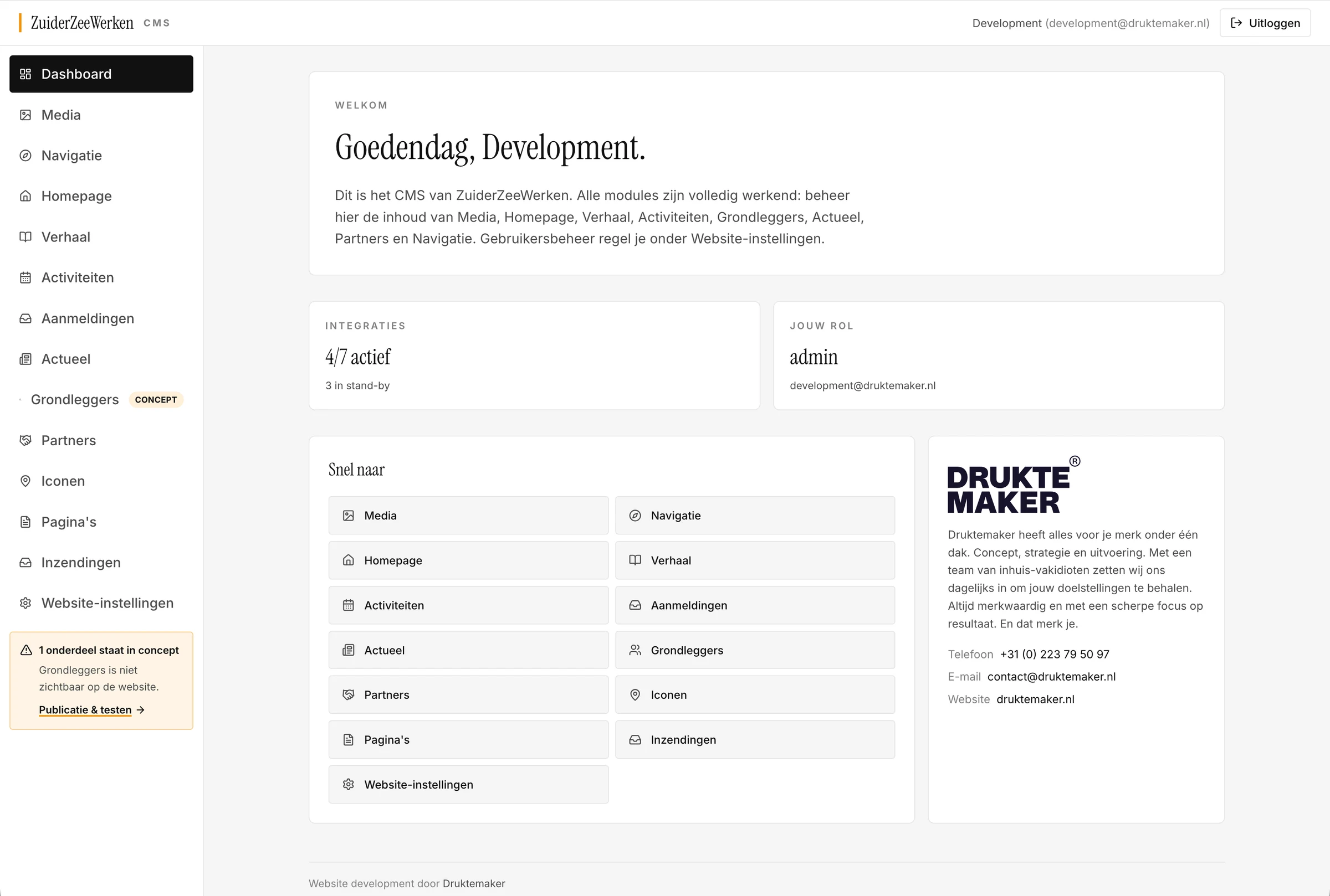Ron van Noord — Webdesign, UI/UX design, AI-websites, AI-prompting, Conceptontwikkeling, Animatie, Digital design, AI + prototyping, Extra skills — ZuiderZeeWerken — Beeld: Beheerdashboard van het ZuiderZeeWerken-platform met modules voor media, verhalen, activiteiten, aanmeldingen en website-instellingen. — Project: 100 jaar geschiedenis in een nieuwe digitale beleving.