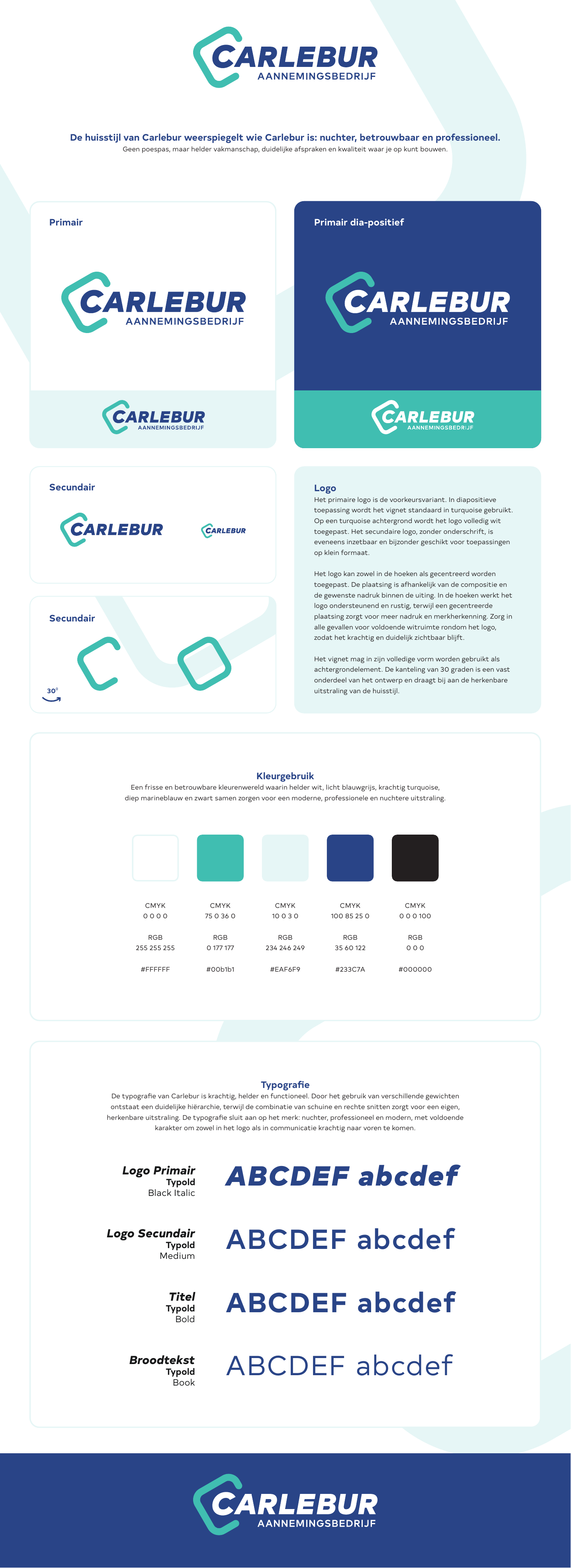 Ron van Noord — Branding, Visual design — Carlebur — merkidentiteit en website — Beeld: Huisstijlkaart met logo, kleuren en Typold-typografie — Project: Een verouderde uitstraling maakte plaats voor een moderne, herkenbare identiteit die het nuchtere…