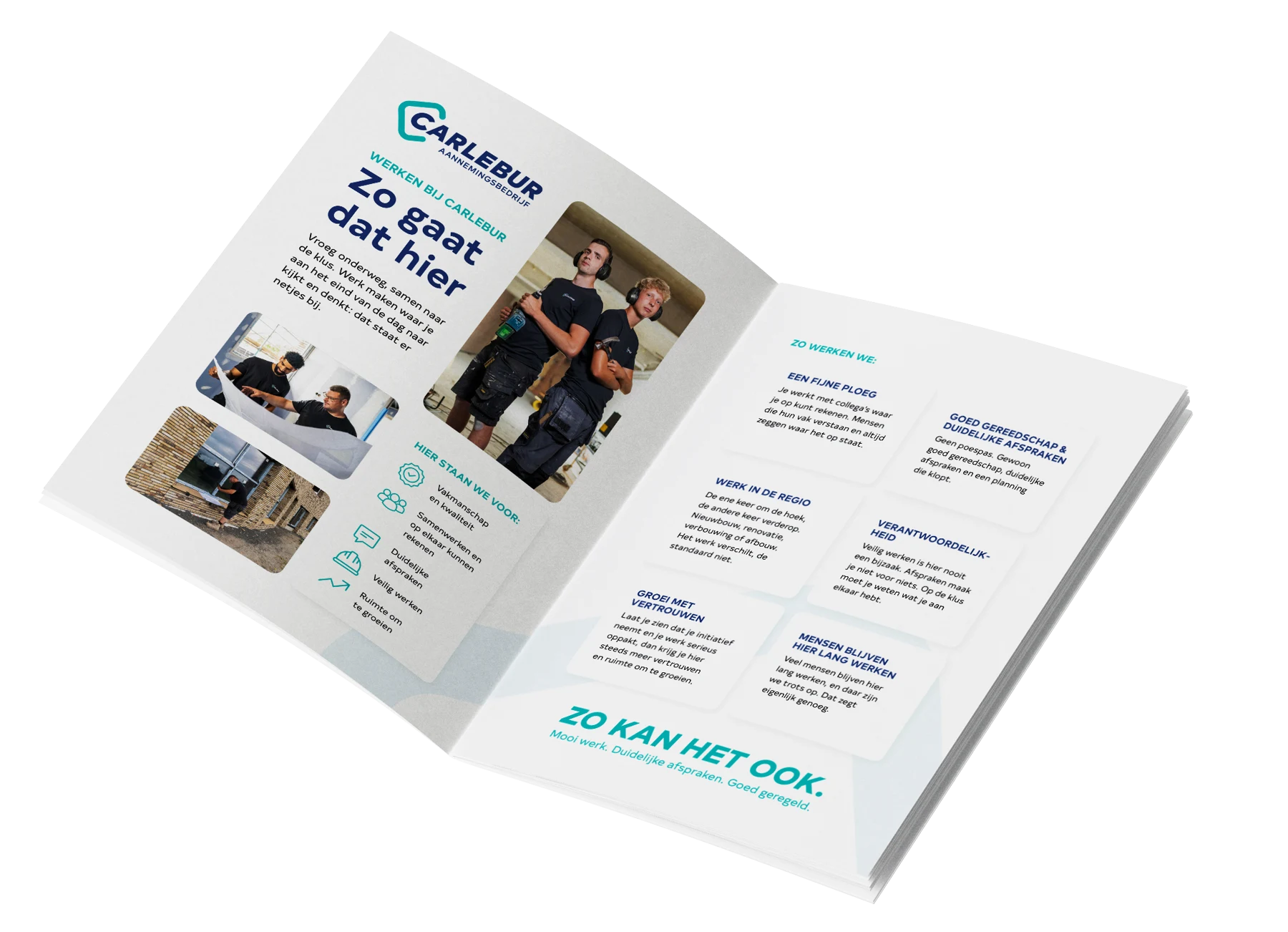 Ron van Noord — Branding, Visual design — Carlebur — merkidentiteit en website — Beeld: Carlebur e-book over werken bij het aannemingsbedrijf — Project: Een verouderde uitstraling maakte plaats voor een moderne, herkenbare identiteit die het nuchtere…