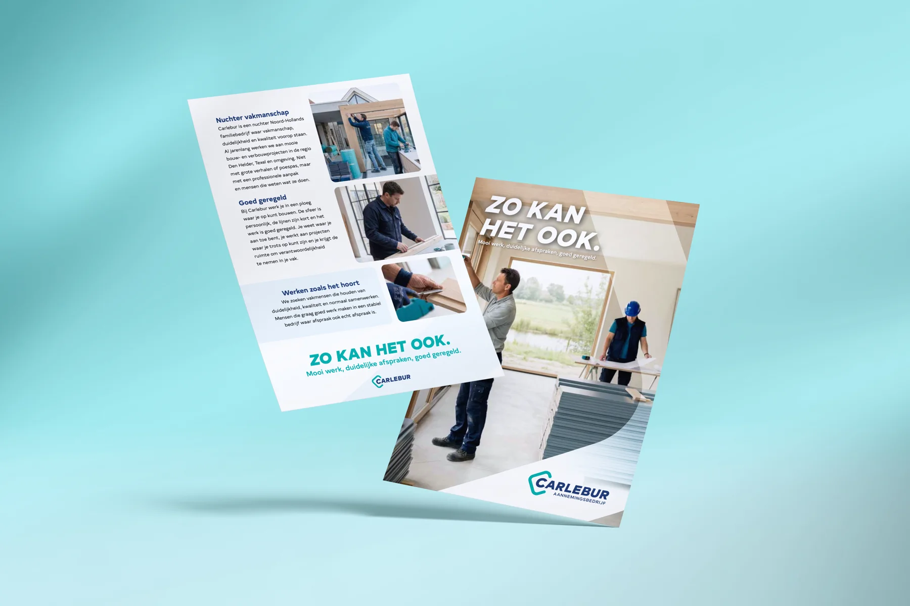 Ron van Noord — Branding, Visual design — Carlebur — merkidentiteit en website — Beeld: Voor- en achterzijde van de Carlebur-flyer — Project: Een verouderde uitstraling maakte plaats voor een moderne, herkenbare identiteit die het nuchtere…