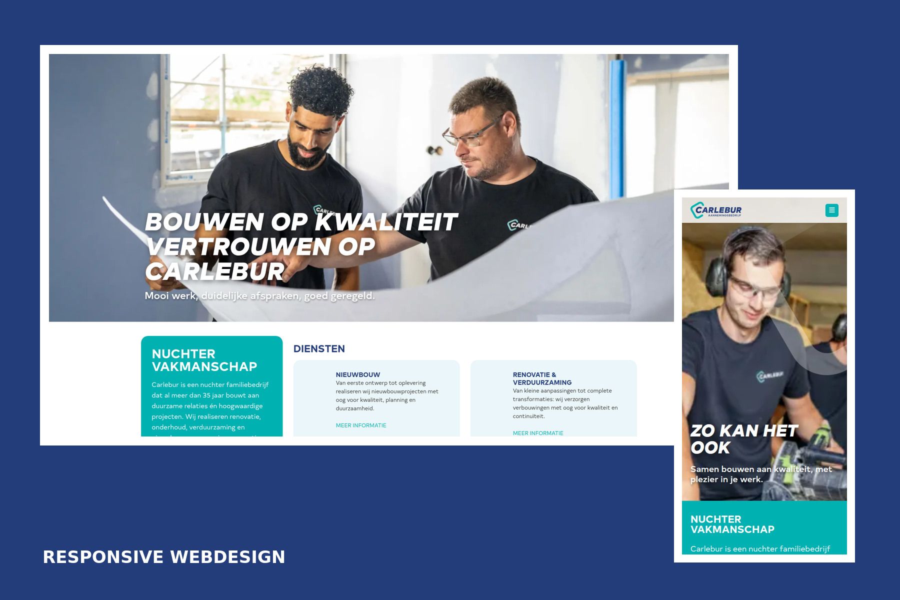 Ron van Noord — Branding, Visual design — Carlebur — merkidentiteit en website — Beeld: Responsive Carlebur-website op desktop en mobiel — Project: Een verouderde uitstraling maakte plaats voor een moderne, herkenbare identiteit die het nuchtere…