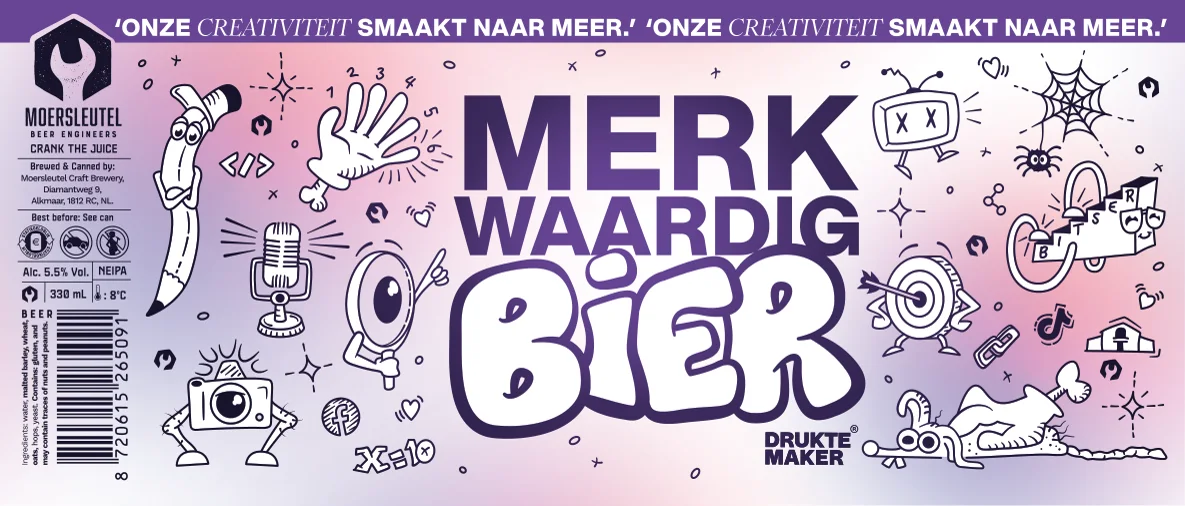 Ron van Noord — Grafisch ontwerp, DTP, Illustratie, Visual design — Druktemaker 10 jaar — jubileumverpakking en Merkwaardig Bier — Beeld: Definitief drukbestand van het label voor Merkwaardig Bier — Project: Een handgeïllustreerde jubileumverpakking en bierlabel voor tien jaar Druktemaker, ontwikkeld voor het…