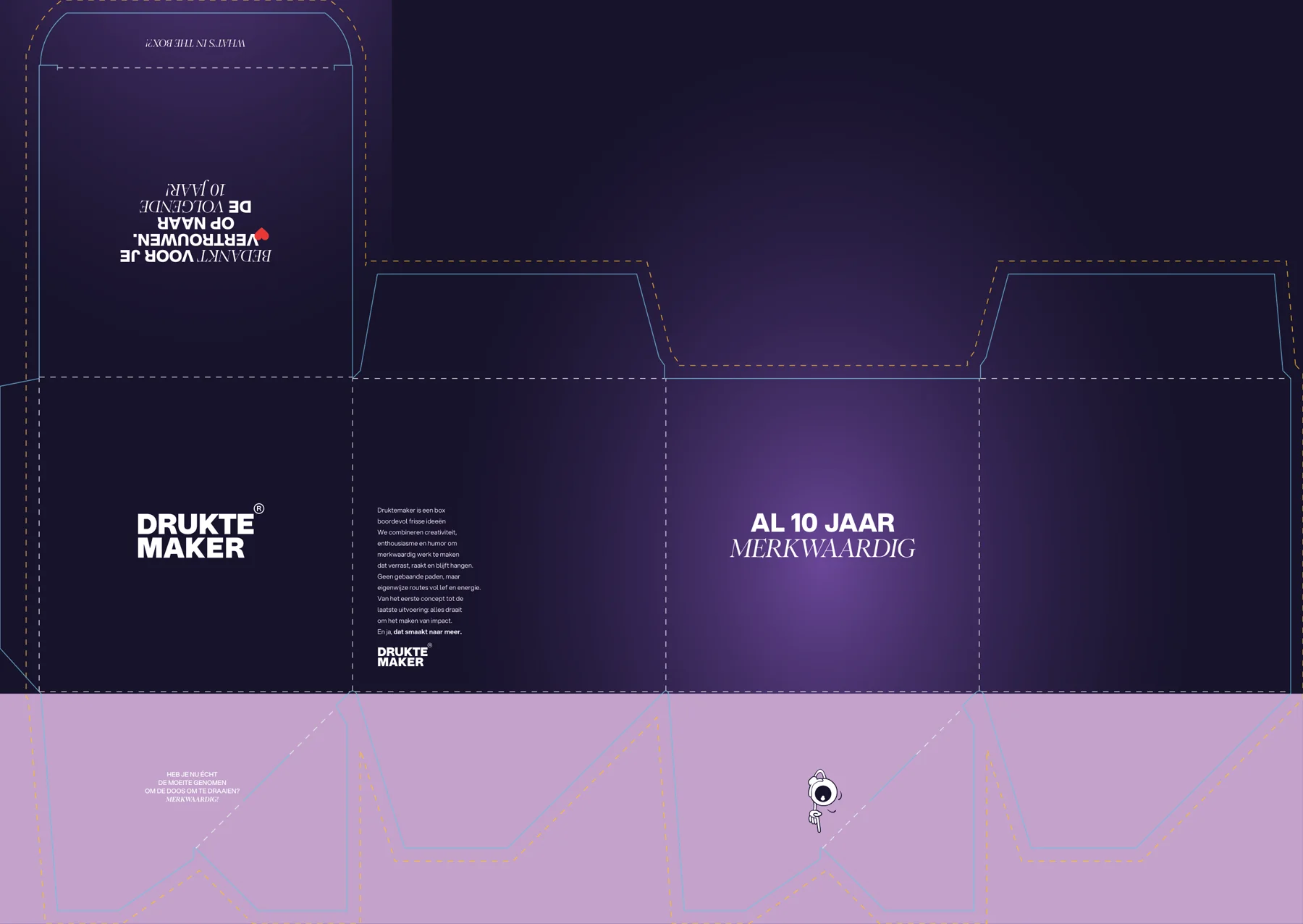 Ron van Noord — Grafisch ontwerp, DTP, Illustratie, Visual design — Druktemaker 10 jaar — jubileumverpakking en Merkwaardig Bier — Beeld: Definitief drukbestand van het jubileumdoosje — Project: Een handgeïllustreerde jubileumverpakking en bierlabel voor tien jaar Druktemaker, ontwikkeld voor het…