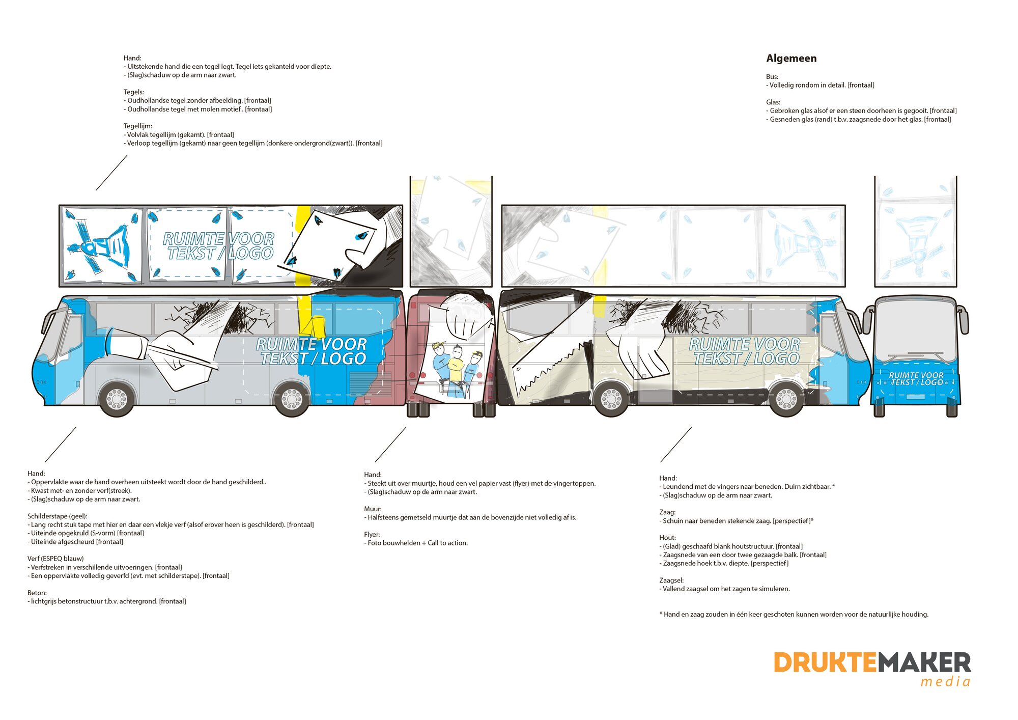 Ron van Noord — Visuele campagnes, DTP, Content + campagnes, Visual design — ESPEQ — promotiebus voor bouwopleidingen — Beeld: Uitgewerkte ontwerpschets en fotografiebriefing voor alle zijden van de bus — Project: Een rijdende campagne die ESPEQ en de mogelijkheden van leren en werken in de bouw letterlijk zichtbaar maakt.