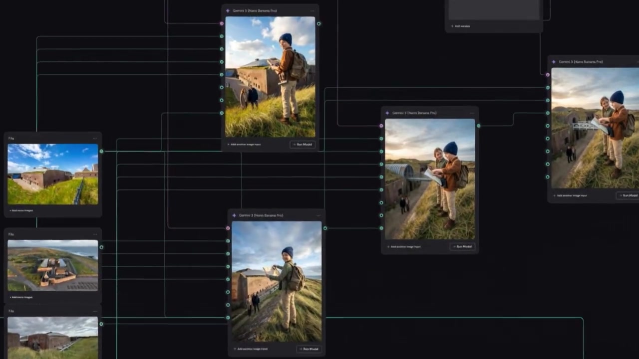 Ron van Noord — Beeld- en videogeneratie, Visuele campagnes, AI + prototyping, Content + campagnes — Fort Kijkduin — Expeditie Kerstvakantie — Beeld: Weavy-board voor AI-beeldgeneratie en compositing — Project: Een avontuurlijke kerstcampagne die gezinnen met kinderen uitnodigt om Fort Kijkduin samen te ontdekken.