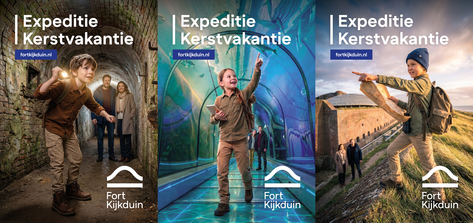 Ron van Noord — Beeld- en videogeneratie, Visuele campagnes, AI + prototyping, Content + campagnes — Fort Kijkduin — Expeditie Kerstvakantie — Beeld: Hoofdafbeelding van het project — Project: Een avontuurlijke kerstcampagne die gezinnen met kinderen uitnodigt om Fort Kijkduin samen te ontdekken.