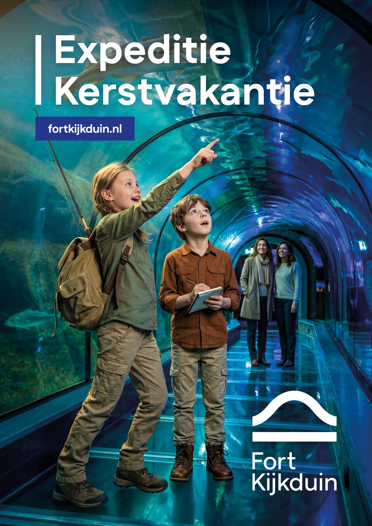 Ron van Noord — Beeld- en videogeneratie, Visuele campagnes, AI + prototyping, Content + campagnes — Fort Kijkduin — Expeditie Kerstvakantie — Beeld: Expeditie Kerstvakantie campagneposter 6 — Project: Een avontuurlijke kerstcampagne die gezinnen met kinderen uitnodigt om Fort Kijkduin samen te ontdekken.