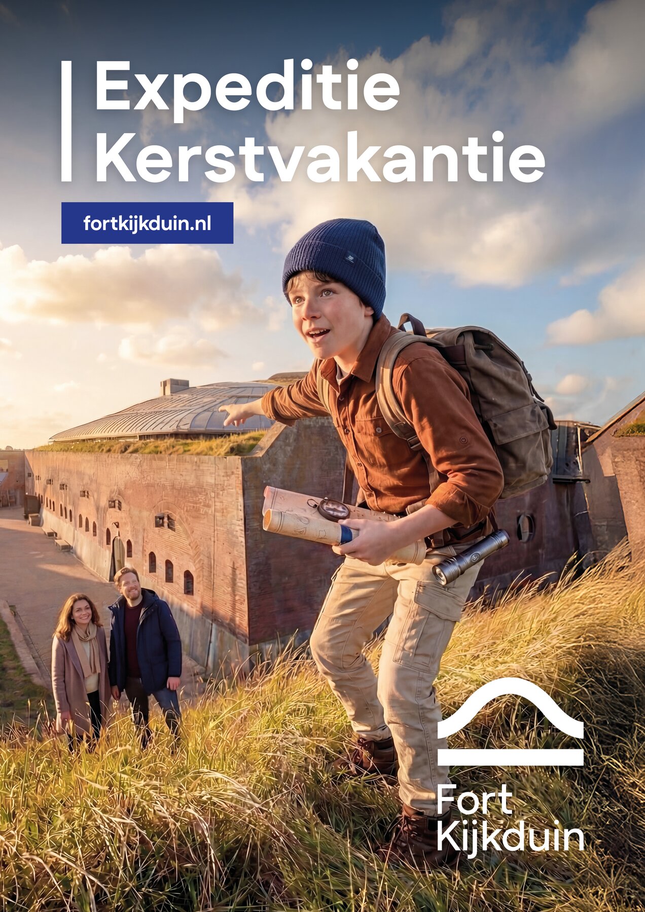Ron van Noord — Beeld- en videogeneratie, Visuele campagnes, AI + prototyping, Content + campagnes — Fort Kijkduin — Expeditie Kerstvakantie — Beeld: Expeditie Kerstvakantie campagneposter 7 — Project: Een avontuurlijke kerstcampagne die gezinnen met kinderen uitnodigt om Fort Kijkduin samen te ontdekken.
