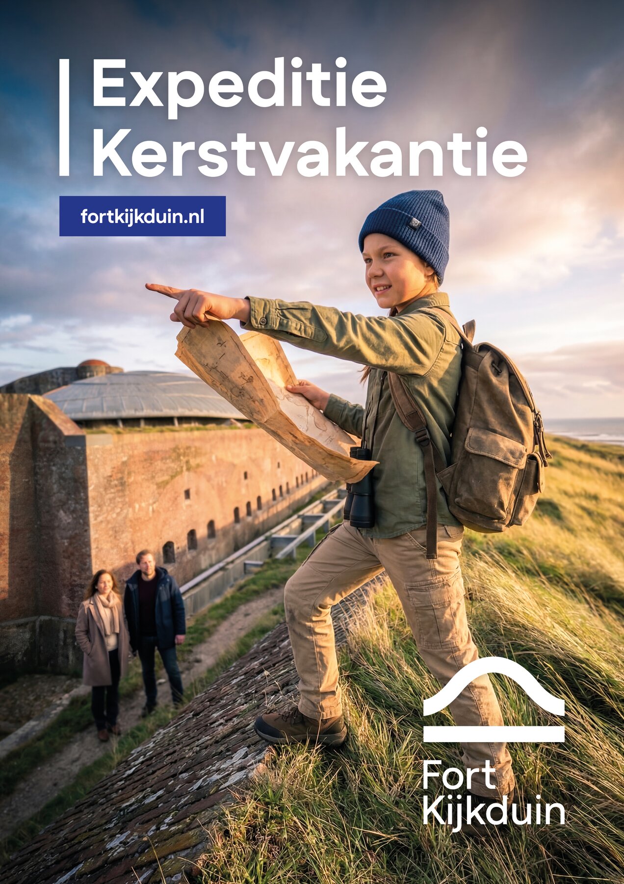 Ron van Noord — Beeld- en videogeneratie, Visuele campagnes, AI + prototyping, Content + campagnes — Fort Kijkduin — Expeditie Kerstvakantie — Beeld: Expeditie Kerstvakantie campagneposter 8 — Project: Een avontuurlijke kerstcampagne die gezinnen met kinderen uitnodigt om Fort Kijkduin samen te ontdekken.