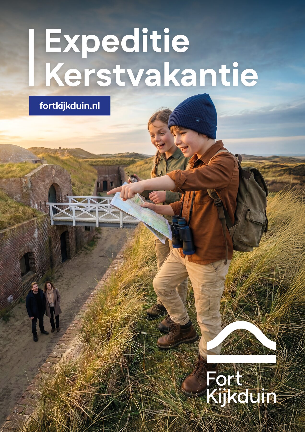 Ron van Noord — Beeld- en videogeneratie, Visuele campagnes, AI + prototyping, Content + campagnes — Fort Kijkduin — Expeditie Kerstvakantie — Beeld: Expeditie Kerstvakantie campagneposter 9 — Project: Een avontuurlijke kerstcampagne die gezinnen met kinderen uitnodigt om Fort Kijkduin samen te ontdekken.