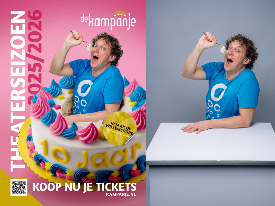Ron van Noord — Grafisch ontwerp, DTP, Visuele campagnes, Visual design, Content + campagnes — Theater De Kampanje — Theatergids 2025–2026 — Beeld: Van originele fotografie naar de campagneposter met Jochem Myjer — Project: Een feestelijke jubileumeditie van de jaarlijkse theatergids, met Jochem Myjer op de cover en 10 jaar De…