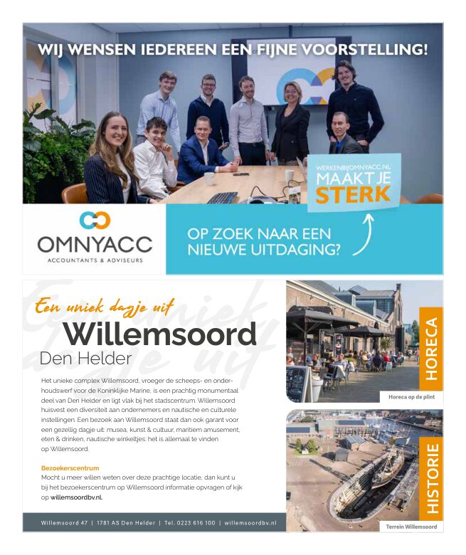 Ron van Noord — Grafisch ontwerp, DTP, Visuele campagnes, Visual design, Content + campagnes — Theater De Kampanje — Theatergids 2025–2026 — Beeld: Magazinepagina 2 — Project: Een feestelijke jubileumeditie van de jaarlijkse theatergids, met Jochem Myjer op de cover en 10 jaar De…