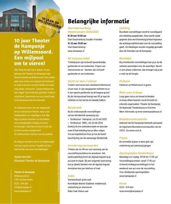 Ron van Noord — Grafisch ontwerp, DTP, Visuele campagnes, Visual design, Content + campagnes — Theater De Kampanje — Theatergids 2025–2026 — Beeld: Magazinepagina 3 — Project: Een feestelijke jubileumeditie van de jaarlijkse theatergids, met Jochem Myjer op de cover en 10 jaar De…