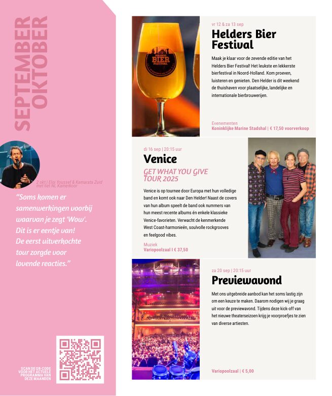 Ron van Noord — Grafisch ontwerp, DTP, Visuele campagnes, Visual design, Content + campagnes — Theater De Kampanje — Theatergids 2025–2026 — Beeld: Magazinepagina 4 — Project: Een feestelijke jubileumeditie van de jaarlijkse theatergids, met Jochem Myjer op de cover en 10 jaar De…