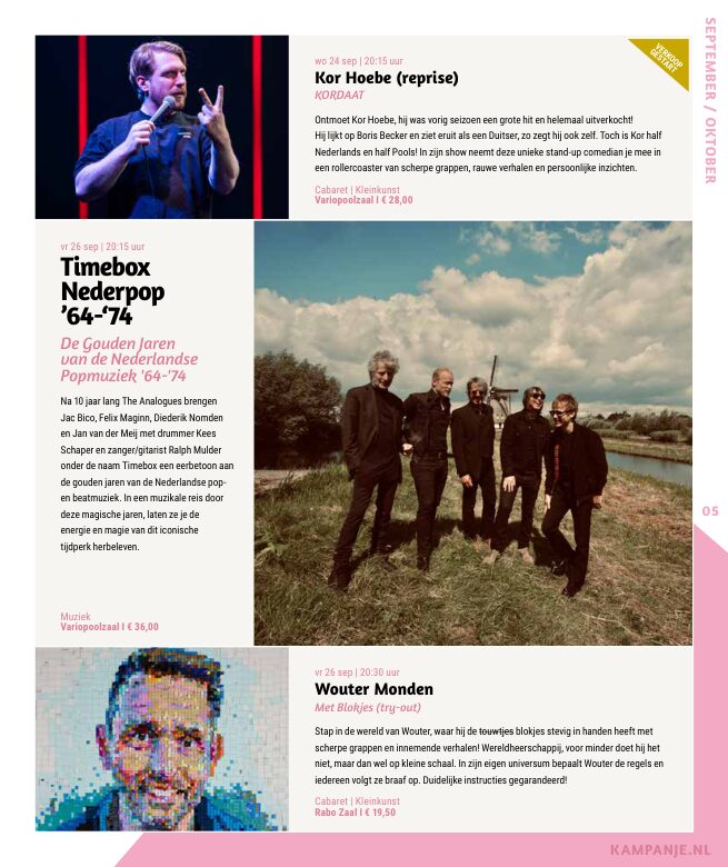 Ron van Noord — Grafisch ontwerp, DTP, Visuele campagnes, Visual design, Content + campagnes — Theater De Kampanje — Theatergids 2025–2026 — Beeld: Magazinepagina 5 — Project: Een feestelijke jubileumeditie van de jaarlijkse theatergids, met Jochem Myjer op de cover en 10 jaar De…