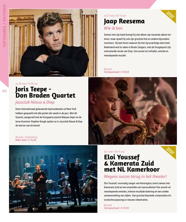 Ron van Noord — Grafisch ontwerp, DTP, Visuele campagnes, Visual design, Content + campagnes — Theater De Kampanje — Theatergids 2025–2026 — Beeld: Magazinepagina 6 — Project: Een feestelijke jubileumeditie van de jaarlijkse theatergids, met Jochem Myjer op de cover en 10 jaar De…