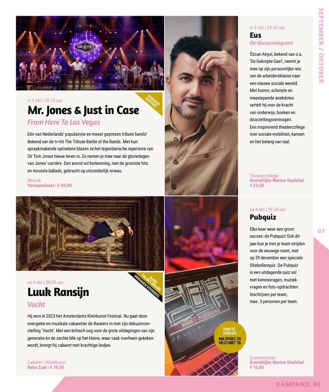 Ron van Noord — Grafisch ontwerp, DTP, Visuele campagnes, Visual design, Content + campagnes — Theater De Kampanje — Theatergids 2025–2026 — Beeld: Magazinepagina 7 — Project: Een feestelijke jubileumeditie van de jaarlijkse theatergids, met Jochem Myjer op de cover en 10 jaar De…