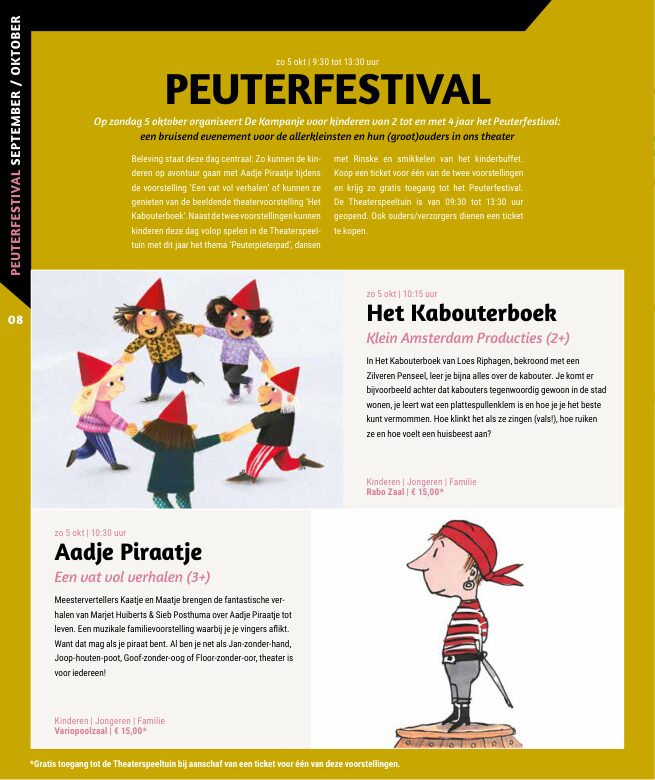 Ron van Noord — Grafisch ontwerp, DTP, Visuele campagnes, Visual design, Content + campagnes — Theater De Kampanje — Theatergids 2025–2026 — Beeld: Magazinepagina 8 — Project: Een feestelijke jubileumeditie van de jaarlijkse theatergids, met Jochem Myjer op de cover en 10 jaar De…