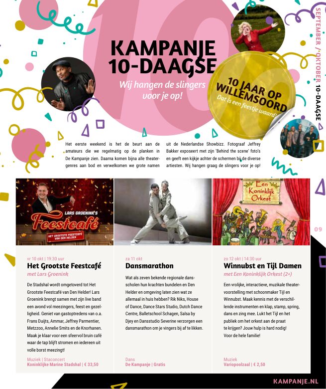 Ron van Noord — Grafisch ontwerp, DTP, Visuele campagnes, Visual design, Content + campagnes — Theater De Kampanje — Theatergids 2025–2026 — Beeld: Magazinepagina 9 — Project: Een feestelijke jubileumeditie van de jaarlijkse theatergids, met Jochem Myjer op de cover en 10 jaar De…