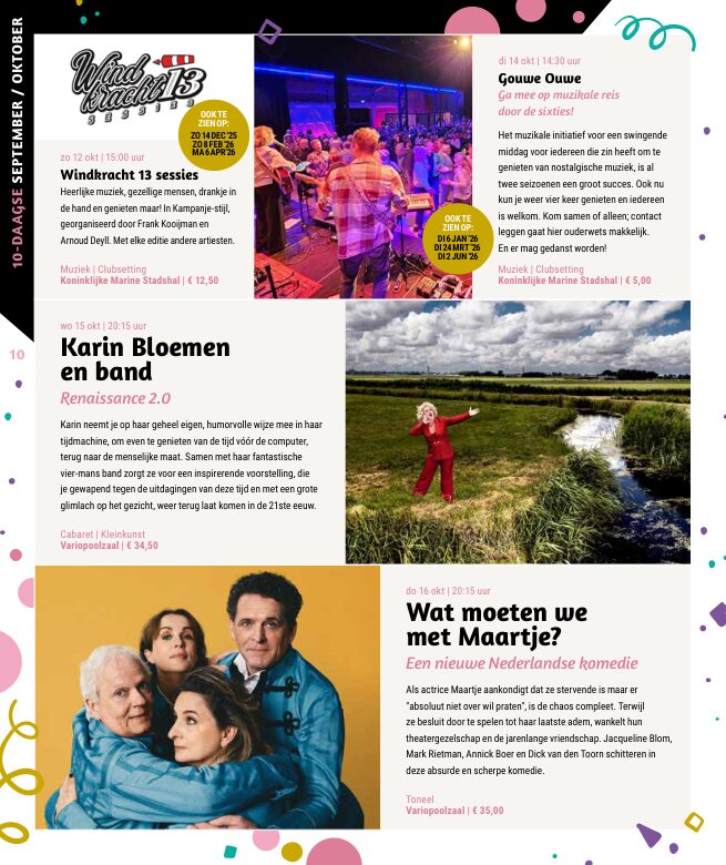Ron van Noord — Grafisch ontwerp, DTP, Visuele campagnes, Visual design, Content + campagnes — Theater De Kampanje — Theatergids 2025–2026 — Beeld: Magazinepagina 10 — Project: Een feestelijke jubileumeditie van de jaarlijkse theatergids, met Jochem Myjer op de cover en 10 jaar De…