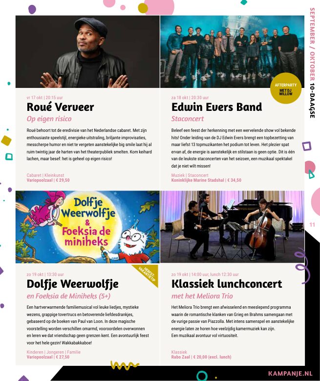 Ron van Noord — Grafisch ontwerp, DTP, Visuele campagnes, Visual design, Content + campagnes — Theater De Kampanje — Theatergids 2025–2026 — Beeld: Magazinepagina 11 — Project: Een feestelijke jubileumeditie van de jaarlijkse theatergids, met Jochem Myjer op de cover en 10 jaar De…