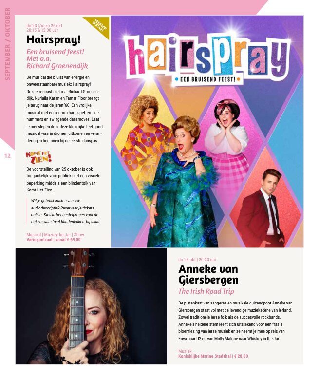 Ron van Noord — Grafisch ontwerp, DTP, Visuele campagnes, Visual design, Content + campagnes — Theater De Kampanje — Theatergids 2025–2026 — Beeld: Magazinepagina 12 — Project: Een feestelijke jubileumeditie van de jaarlijkse theatergids, met Jochem Myjer op de cover en 10 jaar De…