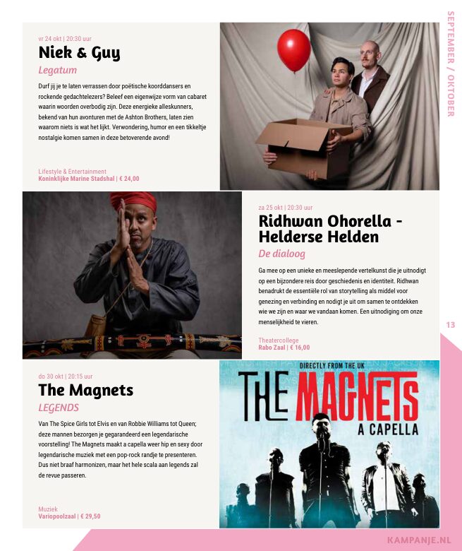 Ron van Noord — Grafisch ontwerp, DTP, Visuele campagnes, Visual design, Content + campagnes — Theater De Kampanje — Theatergids 2025–2026 — Beeld: Magazinepagina 13 — Project: Een feestelijke jubileumeditie van de jaarlijkse theatergids, met Jochem Myjer op de cover en 10 jaar De…