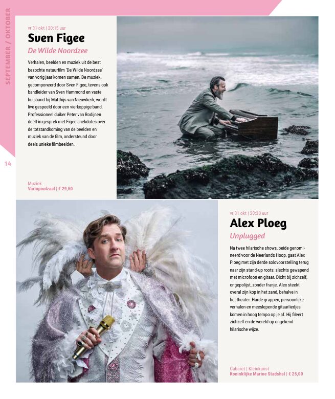 Ron van Noord — Grafisch ontwerp, DTP, Visuele campagnes, Visual design, Content + campagnes — Theater De Kampanje — Theatergids 2025–2026 — Beeld: Magazinepagina 14 — Project: Een feestelijke jubileumeditie van de jaarlijkse theatergids, met Jochem Myjer op de cover en 10 jaar De…