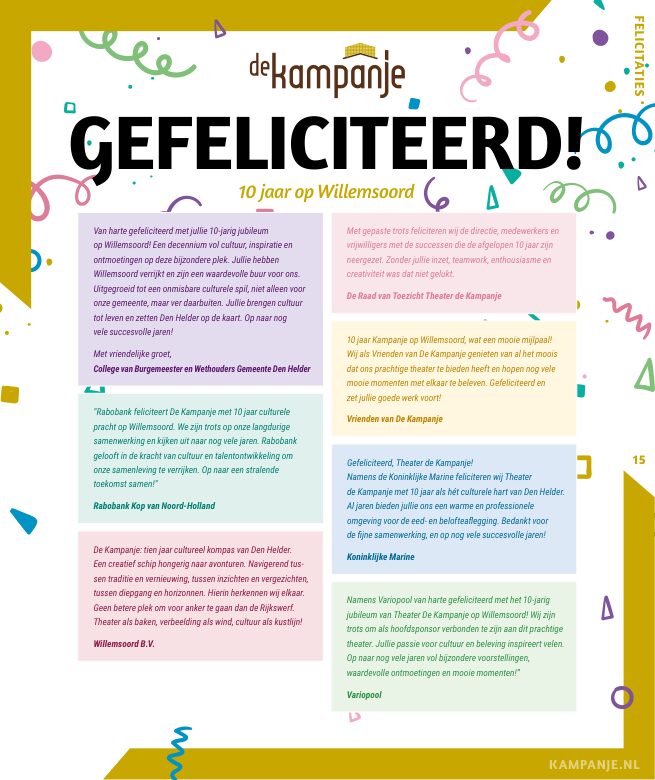 Ron van Noord — Grafisch ontwerp, DTP, Visuele campagnes, Visual design, Content + campagnes — Theater De Kampanje — Theatergids 2025–2026 — Beeld: Magazinepagina 15 — Project: Een feestelijke jubileumeditie van de jaarlijkse theatergids, met Jochem Myjer op de cover en 10 jaar De…