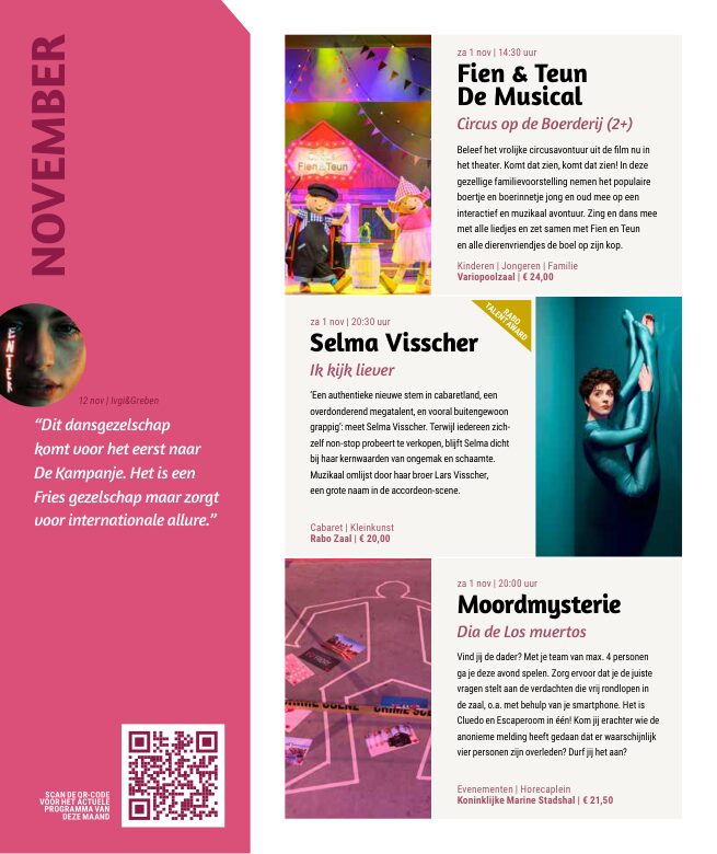 Ron van Noord — Grafisch ontwerp, DTP, Visuele campagnes, Visual design, Content + campagnes — Theater De Kampanje — Theatergids 2025–2026 — Beeld: Magazinepagina 16 — Project: Een feestelijke jubileumeditie van de jaarlijkse theatergids, met Jochem Myjer op de cover en 10 jaar De…