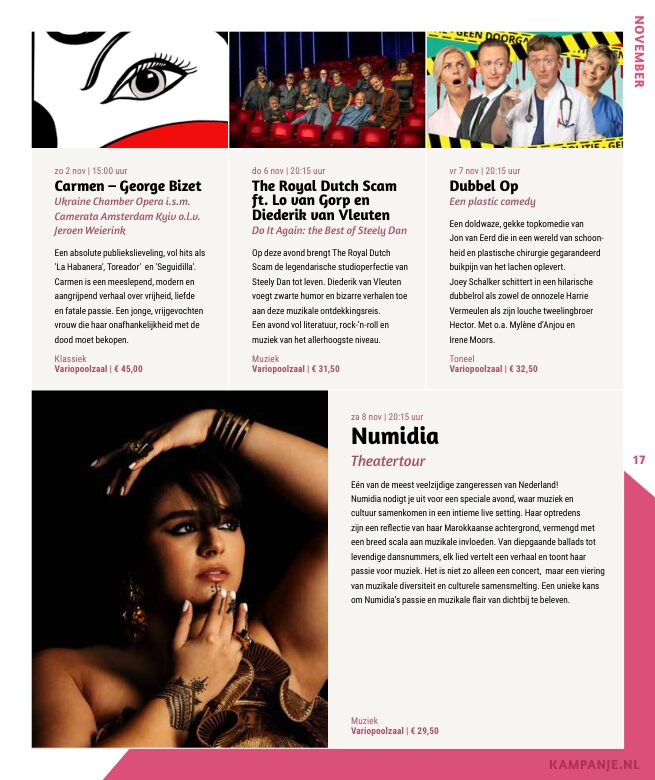 Ron van Noord — Grafisch ontwerp, DTP, Visuele campagnes, Visual design, Content + campagnes — Theater De Kampanje — Theatergids 2025–2026 — Beeld: Magazinepagina 17 — Project: Een feestelijke jubileumeditie van de jaarlijkse theatergids, met Jochem Myjer op de cover en 10 jaar De…