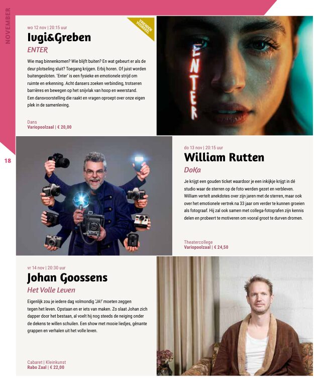 Ron van Noord — Grafisch ontwerp, DTP, Visuele campagnes, Visual design, Content + campagnes — Theater De Kampanje — Theatergids 2025–2026 — Beeld: Magazinepagina 18 — Project: Een feestelijke jubileumeditie van de jaarlijkse theatergids, met Jochem Myjer op de cover en 10 jaar De…