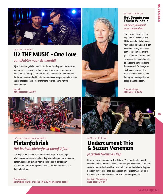 Ron van Noord — Grafisch ontwerp, DTP, Visuele campagnes, Visual design, Content + campagnes — Theater De Kampanje — Theatergids 2025–2026 — Beeld: Magazinepagina 19 — Project: Een feestelijke jubileumeditie van de jaarlijkse theatergids, met Jochem Myjer op de cover en 10 jaar De…