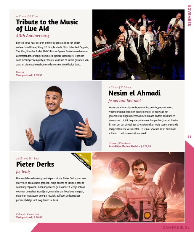 Ron van Noord — Grafisch ontwerp, DTP, Visuele campagnes, Visual design, Content + campagnes — Theater De Kampanje — Theatergids 2025–2026 — Beeld: Magazinepagina 21 — Project: Een feestelijke jubileumeditie van de jaarlijkse theatergids, met Jochem Myjer op de cover en 10 jaar De…