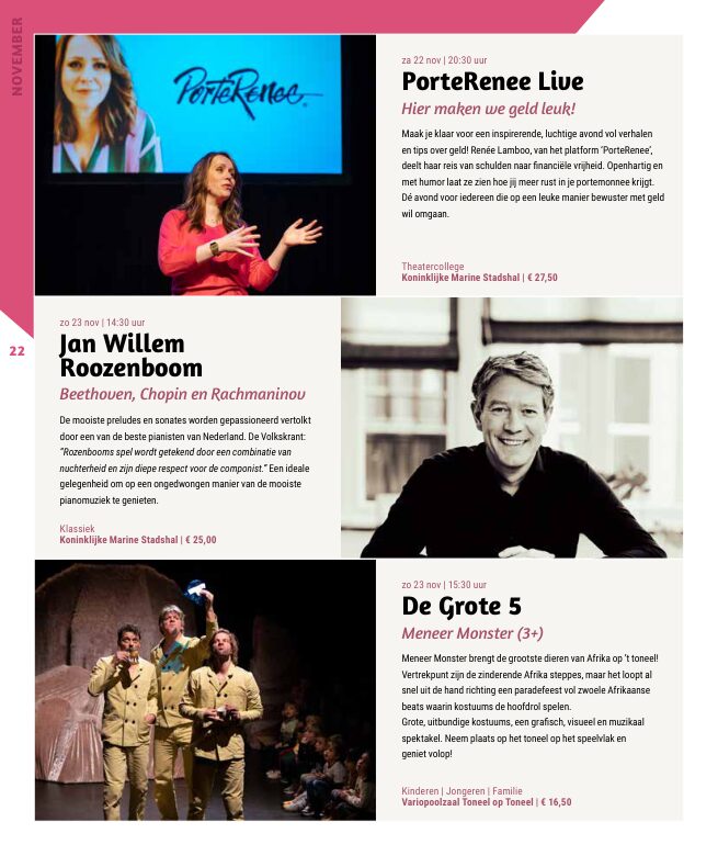 Ron van Noord — Grafisch ontwerp, DTP, Visuele campagnes, Visual design, Content + campagnes — Theater De Kampanje — Theatergids 2025–2026 — Beeld: Magazinepagina 22 — Project: Een feestelijke jubileumeditie van de jaarlijkse theatergids, met Jochem Myjer op de cover en 10 jaar De…