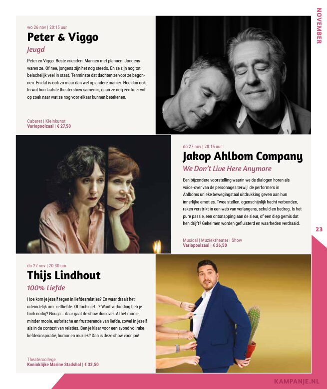 Ron van Noord — Grafisch ontwerp, DTP, Visuele campagnes, Visual design, Content + campagnes — Theater De Kampanje — Theatergids 2025–2026 — Beeld: Magazinepagina 23 — Project: Een feestelijke jubileumeditie van de jaarlijkse theatergids, met Jochem Myjer op de cover en 10 jaar De…