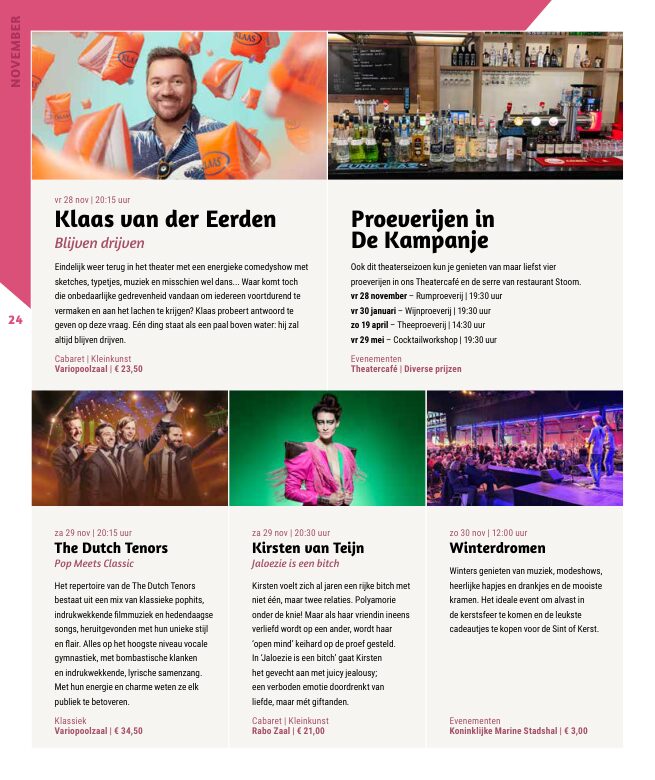 Ron van Noord — Grafisch ontwerp, DTP, Visuele campagnes, Visual design, Content + campagnes — Theater De Kampanje — Theatergids 2025–2026 — Beeld: Magazinepagina 24 — Project: Een feestelijke jubileumeditie van de jaarlijkse theatergids, met Jochem Myjer op de cover en 10 jaar De…