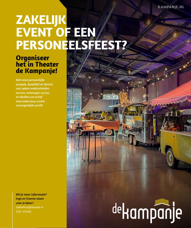 Ron van Noord — Grafisch ontwerp, DTP, Visuele campagnes, Visual design, Content + campagnes — Theater De Kampanje — Theatergids 2025–2026 — Beeld: Magazinepagina 25 — Project: Een feestelijke jubileumeditie van de jaarlijkse theatergids, met Jochem Myjer op de cover en 10 jaar De…