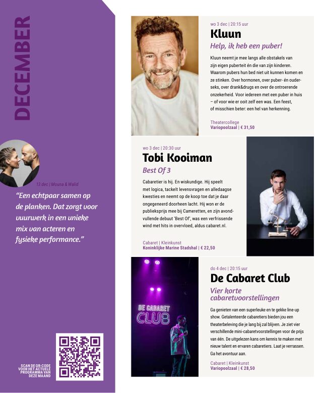 Ron van Noord — Grafisch ontwerp, DTP, Visuele campagnes, Visual design, Content + campagnes — Theater De Kampanje — Theatergids 2025–2026 — Beeld: Magazinepagina 26 — Project: Een feestelijke jubileumeditie van de jaarlijkse theatergids, met Jochem Myjer op de cover en 10 jaar De…