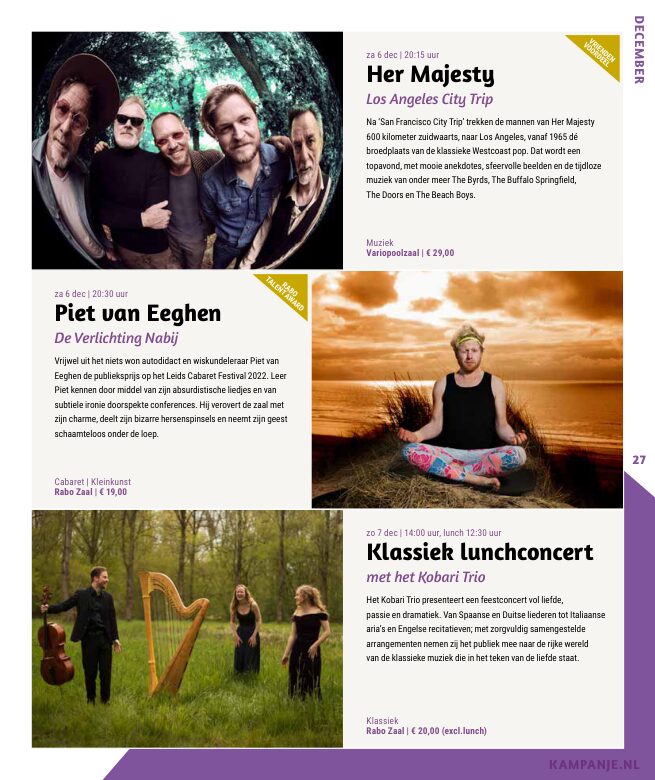Ron van Noord — Grafisch ontwerp, DTP, Visuele campagnes, Visual design, Content + campagnes — Theater De Kampanje — Theatergids 2025–2026 — Beeld: Magazinepagina 27 — Project: Een feestelijke jubileumeditie van de jaarlijkse theatergids, met Jochem Myjer op de cover en 10 jaar De…