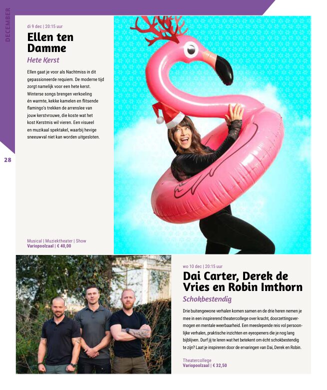Ron van Noord — Grafisch ontwerp, DTP, Visuele campagnes, Visual design, Content + campagnes — Theater De Kampanje — Theatergids 2025–2026 — Beeld: Magazinepagina 28 — Project: Een feestelijke jubileumeditie van de jaarlijkse theatergids, met Jochem Myjer op de cover en 10 jaar De…