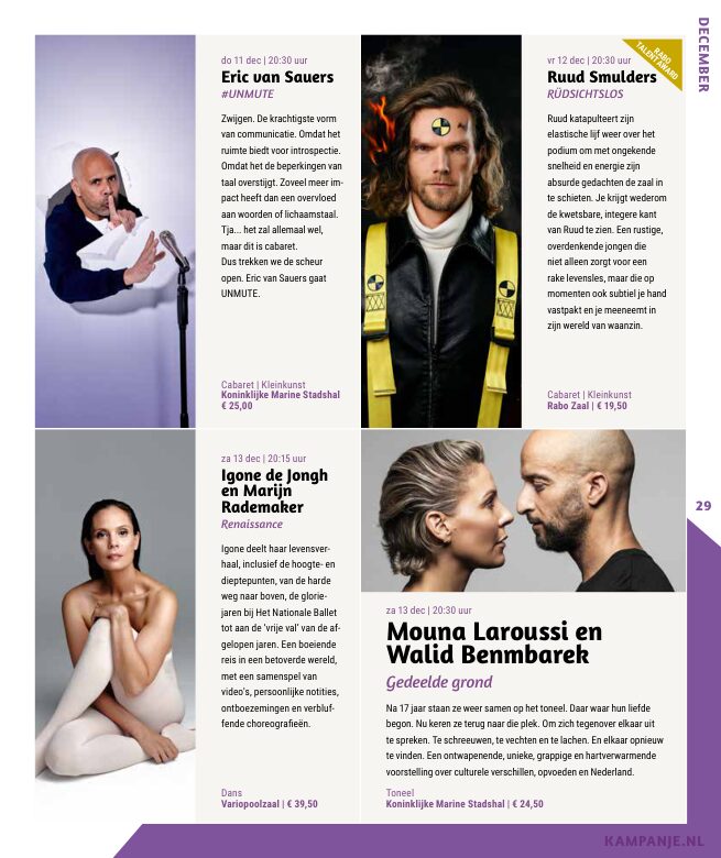 Ron van Noord — Grafisch ontwerp, DTP, Visuele campagnes, Visual design, Content + campagnes — Theater De Kampanje — Theatergids 2025–2026 — Beeld: Magazinepagina 29 — Project: Een feestelijke jubileumeditie van de jaarlijkse theatergids, met Jochem Myjer op de cover en 10 jaar De…