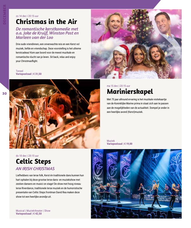 Ron van Noord — Grafisch ontwerp, DTP, Visuele campagnes, Visual design, Content + campagnes — Theater De Kampanje — Theatergids 2025–2026 — Beeld: Magazinepagina 30 — Project: Een feestelijke jubileumeditie van de jaarlijkse theatergids, met Jochem Myjer op de cover en 10 jaar De…
