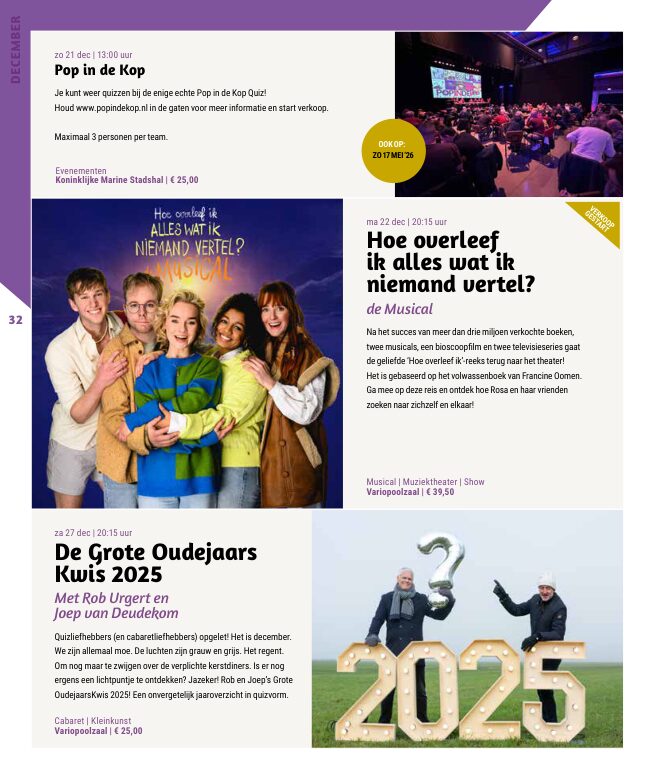 Ron van Noord — Grafisch ontwerp, DTP, Visuele campagnes, Visual design, Content + campagnes — Theater De Kampanje — Theatergids 2025–2026 — Beeld: Magazinepagina 32 — Project: Een feestelijke jubileumeditie van de jaarlijkse theatergids, met Jochem Myjer op de cover en 10 jaar De…