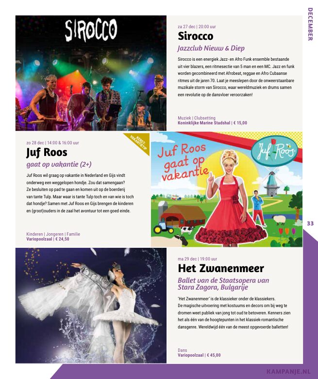 Ron van Noord — Grafisch ontwerp, DTP, Visuele campagnes, Visual design, Content + campagnes — Theater De Kampanje — Theatergids 2025–2026 — Beeld: Magazinepagina 33 — Project: Een feestelijke jubileumeditie van de jaarlijkse theatergids, met Jochem Myjer op de cover en 10 jaar De…
