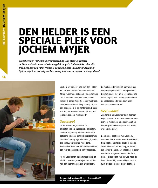 Ron van Noord — Grafisch ontwerp, DTP, Visuele campagnes, Visual design, Content + campagnes — Theater De Kampanje — Theatergids 2025–2026 — Beeld: Magazinepagina 34 — Project: Een feestelijke jubileumeditie van de jaarlijkse theatergids, met Jochem Myjer op de cover en 10 jaar De…