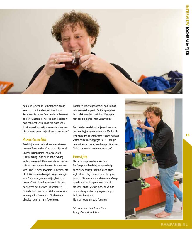 Ron van Noord — Grafisch ontwerp, DTP, Visuele campagnes, Visual design, Content + campagnes — Theater De Kampanje — Theatergids 2025–2026 — Beeld: Magazinepagina 35 — Project: Een feestelijke jubileumeditie van de jaarlijkse theatergids, met Jochem Myjer op de cover en 10 jaar De…