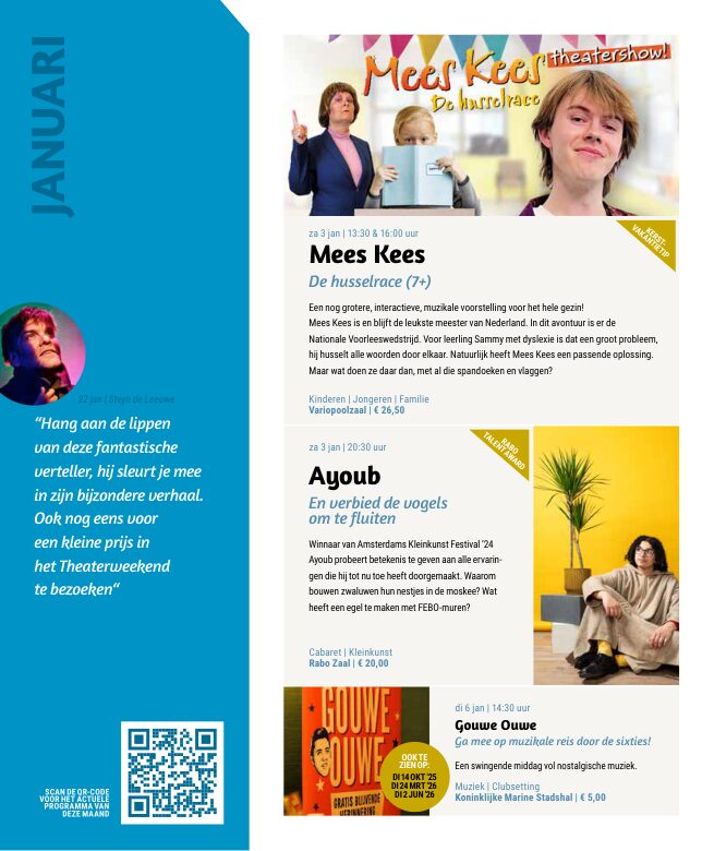Ron van Noord — Grafisch ontwerp, DTP, Visuele campagnes, Visual design, Content + campagnes — Theater De Kampanje — Theatergids 2025–2026 — Beeld: Magazinepagina 36 — Project: Een feestelijke jubileumeditie van de jaarlijkse theatergids, met Jochem Myjer op de cover en 10 jaar De…
