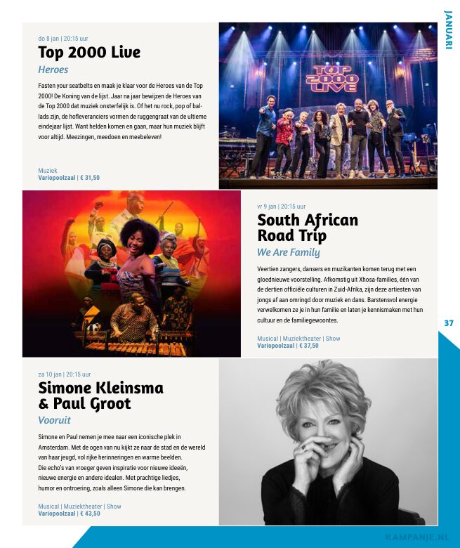 Ron van Noord — Grafisch ontwerp, DTP, Visuele campagnes, Visual design, Content + campagnes — Theater De Kampanje — Theatergids 2025–2026 — Beeld: Magazinepagina 37 — Project: Een feestelijke jubileumeditie van de jaarlijkse theatergids, met Jochem Myjer op de cover en 10 jaar De…